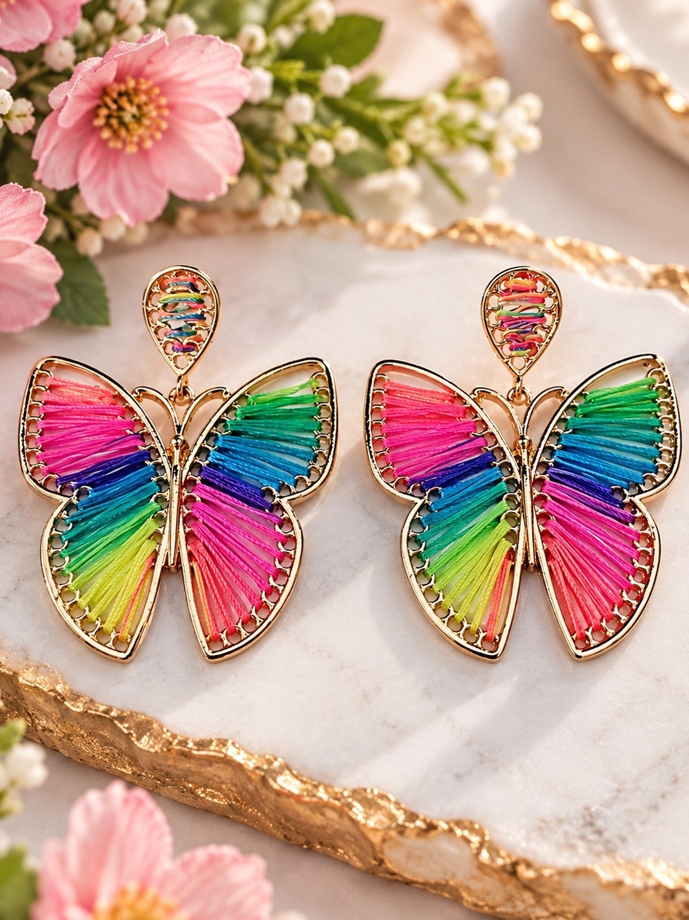 Butterfly Statement Earrings – Colorful Thread-Wrapped Dangles